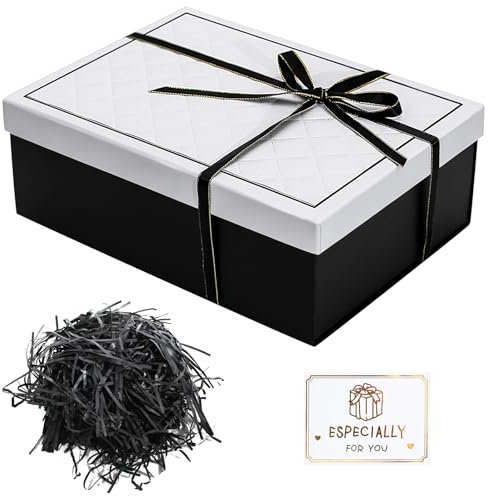 Geschenkbox mit Deckel 25 x 18 x 9 cm, Geschenkbox mit Schleifen, Grußkarten, Raffia Hamper Shreds für Valentinstag Hochzeit Geburtstag Weihnachten(Schwarz-weißer)