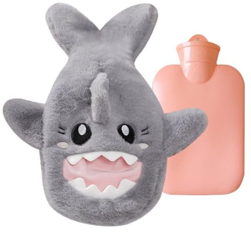 Hot Water Bottle With Plush Shark Cover - 1000ML Cute Bag for Easy Hand Warming, Neck, Shoulder, Back, and Waist - for Children and Adults (Grey 1L)