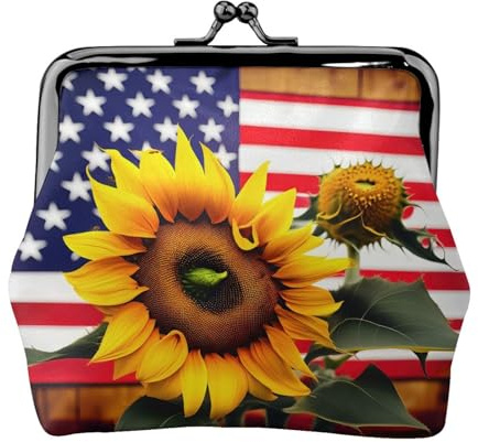 Portefeuille tournesol et drapeau américain pour femme, porte-monnaie pour femme, petit portefeuille pour femme, élégant et personnalisé, noir, One Size, Art déco