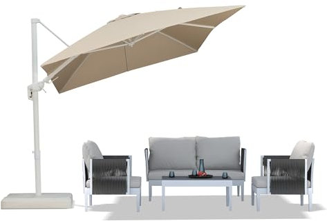 PURPLE LEAF Sonnenschirm 350 cm x 250 cm Rechteckig, Ampelschirm Twist mit Kurbel, Gartenschirm Groß, Weißer Alu Rahmen, Beidseitig Axial Schwenken, 360° Rotation, Beige