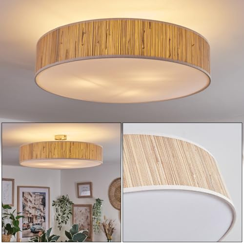 HOFSTEIN Deckenleuchte Foggia, Deckenlampe aus Metall/Binsenstroh/Kunststoff in Nickel-matt/Natur/Weiß, runde Leuchte im modernen Design (Ø 60 cm), E27, Esszimmer, Wohnzimmer, Schlafzimmer, Küche