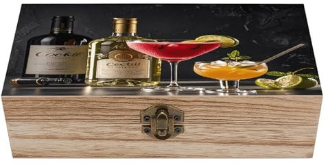 QWNMD Wood Storage Box with Front Clasp Vintage Wooden Storage Box Cocktail Glasses And Wine Bottles Printed Wood Boxes for Craft Hobbies Jewelry Home Storage