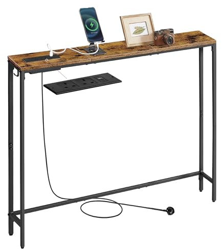 VASAGLE Console Table with Charging Station, Slim Behind Sofa Table, 15 x 100 x 80 cm, 1 Hook, Easy Assembly, for Hallway, Living Room, Rustic Brown and Ink Black LNT079K03