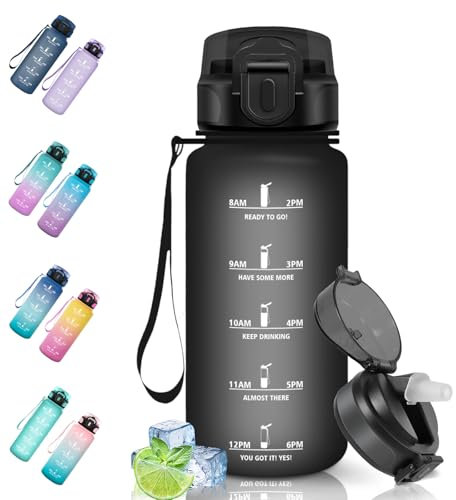 Motswedi Gourde Sport, 500 ml Anti-Fuite, Gourde Paille, Sans BPA, Gourde avec Paille, Réutilisable, Gourde, Facile à Transporter, Bouteille d'eau pour Cyclisme, Fitness, Yoga, Camping, Noir