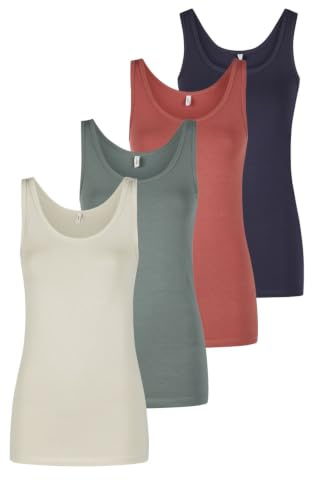 ONLY Tank Top Damen Baumwolle Stretch Slim Fit Onllive LUV 4er Pack Set | Basic Shirt Rundhals Trägershirt Ärmellos Oberteile Einfarbig Schwarz Weiß Beige Rot Grün Blau Navy S M L XL XXL