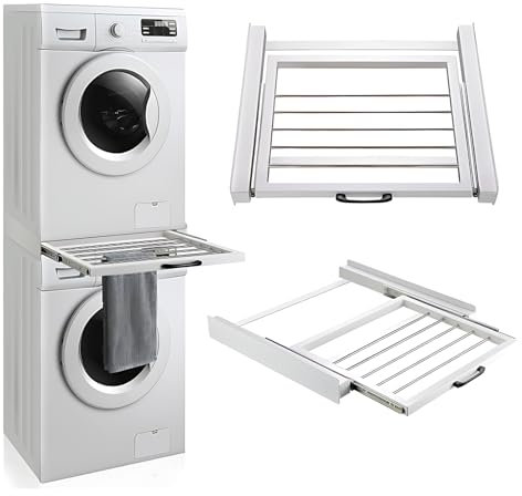 Zwischenbaurahmen mit Ausziehbarem Boden mit Wäscheleine Stahl für Waschmaschinen und Trockner Zwischenbaurahmen (inkl. Zurrgurt) weiß