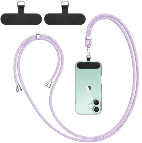 Vancle Cordon para Movil Universal, con 2 Parches Duraderos, Cuerdas Ajustables de 1,6m, Correa Cruzada para el Cuello y Muñeca, Compatible con Mayoría de Las Fundas de Teléfono (Morado Claro)