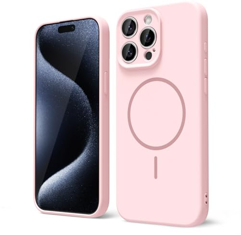 oakxco for iPhone 15 Pro Case Silicone Mag Safe, Magnetic Slim Thin Phone Case Compatible with Magsafe, Women Girls Cute Girly Aesthetic Soft Rubber Gel Safecase with Camera Cover, Light Pink