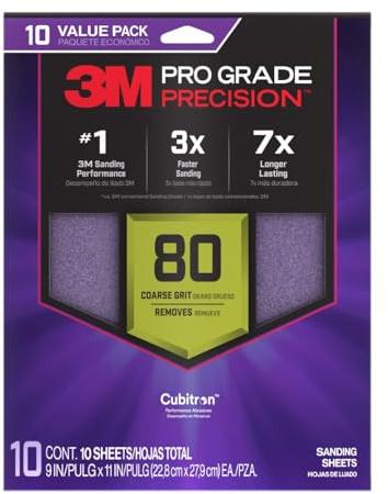 3M Pro Grade Precision Sanding Sheets with No-Slip Grip, 9 x 11 in, 80 Grit, 10-Pack (SHR80-PGP-10T)