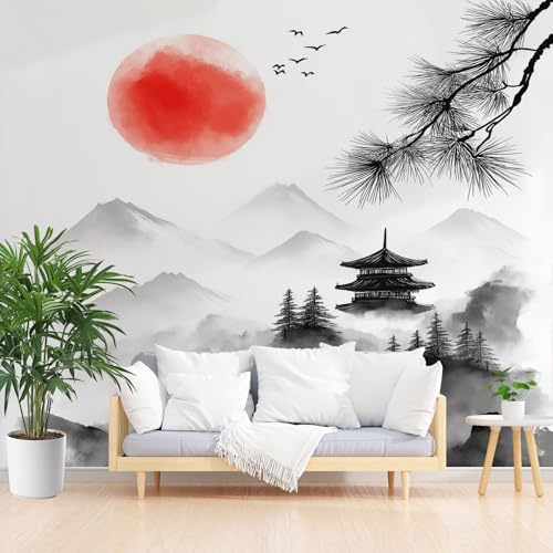 Tyafsgvqo Tuschemalerei Tapete, Asien Japanischer Stil Selbstklebende | Tapete Wasserfest Abwaschbar, Berg Landschaft Vliestapete Küche Wohnzimmer Schlafzimmer Kinderzimmer 150x105 cm