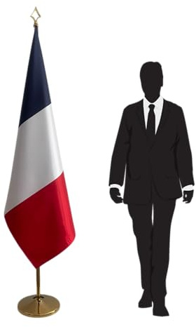 Drapeau France officiel sur pied avec mât et socle – Présentation élégante pour Ambassades, Institutions, Bureaux, Réunions et Cérémonies Diplomatiques. Code CN7-FR-L