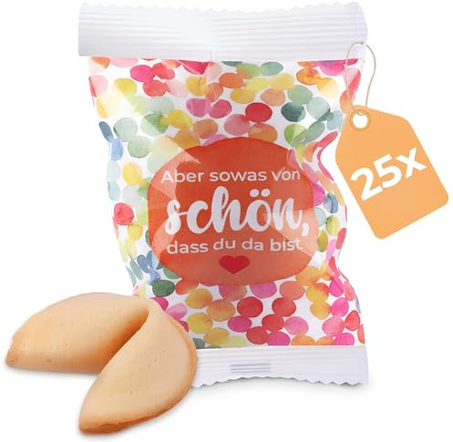 Gastgeschenk Glückskekse 25er Pack – liebevolle Verpackung mit Aufdruck Aber sowas von schön, dass du da bist – veganes Mitgebsel und Deko für Hochzeit, Geburtstag, Firmenfeier, Party & Freunde