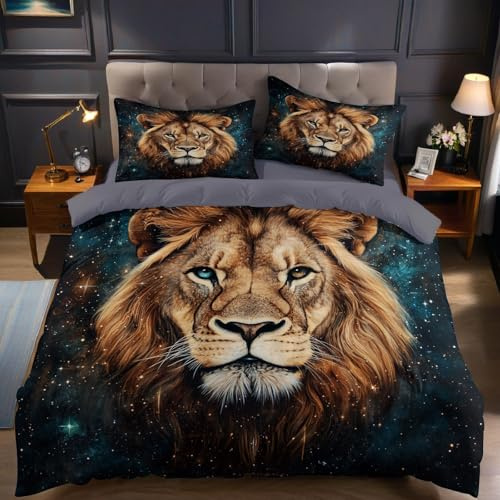 Brown Bettbezug 135 x 200 cm Tiere Löwe Sternenhimmel Bettwäsche Set Mikrofaser weich atmungsaktiv für Jugendliche mit Reißverschluss und Kissenbezug 80 x 80 cm