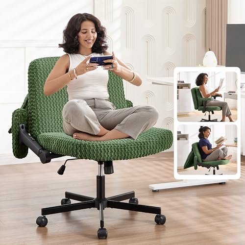 Fizzin Breiter Schreibtischstuhl Ergonomischer Bürostuhl Schneidersitz | 10 cm dickes Polster, 2D-klappbare Armlehnen Desk Chair für Home office, Schminktisch & Schlafzimmer, Grün