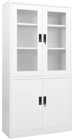 Armoire de bureau blanche 90 x 40 x 180 cm en acier avec 4 portes, 3 étagères réglables, verrouillable pour bureau, maison, salle de rangement