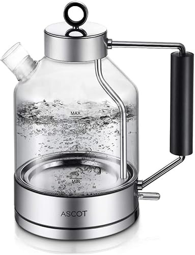 Electric Kettle, ASCOT Electric Tea Kettle 1.5L Glass Electric Kettle, Stainless Steel, BPA-Free, Cordless, Automatic Shutoff, Boil-Dry Protection(Silver)