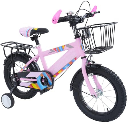 CLEADONG Kinderfahrrad 14 Zoll Jungen Mädchen, Fahrrad mit Stützrädern und Korb Höhenverstellbar Kinderfahrrad, für Jungen & Mädchen Upgradedfahrrad für Schulung