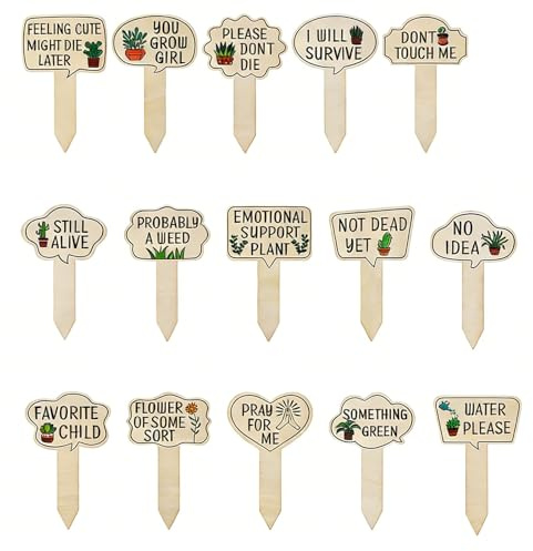15 Pcs Funny Wooden Plant Markers, Humorous Plant Labels with Sayings, Natural Wood Plant Signs Stake for Succulents Potted Plants Indoor Outdoor Garden, Novelty Gift for Plant Lovers