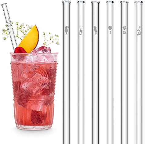 Pailles en verre HALM - Édition Fête d'Anniversaire - Cadeau spécial pour célébration - 6 pièces droites 20 cm avec gravure - Tubes à boire en verre réutilisables gravés - Pailles transparentes.