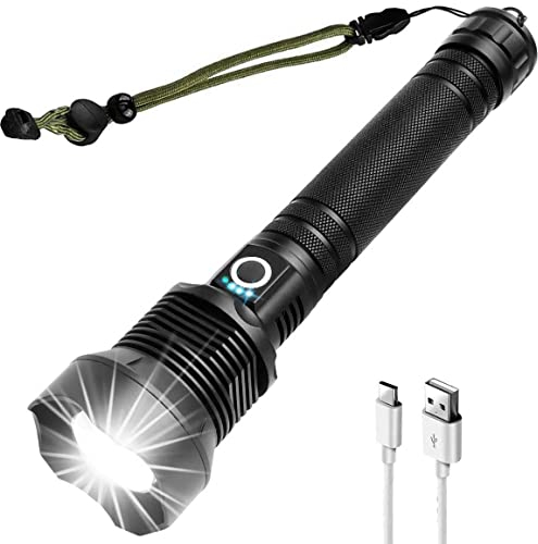 WholeFire Linterna LED 90000 Lúmenes Alta Potencia, Impermeable USB Recargable XHP70.2 Linterna con Batería y & Cable USB, 3 Modos con Indicación Función de Potencia para Camping, Senderismo