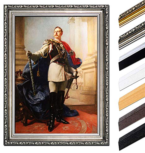 Bild mit Rahmen - Kaiser Wilhelm II. 40x50 cm - Gerahmtes Leinwandbild Berühmtheiten & Zeitgeschichte - Antiker Rahmen Silber Barock, Klassisch