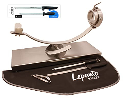 FERRETERIA LEPANTO JAMONERO BALANCIN Giratorio Soporte JAMONERO 17927 Acero Inoxidable + Cuchillo Arcos Niza + CHAIRA + Cubre Jamon + Pinza LepantoHouse