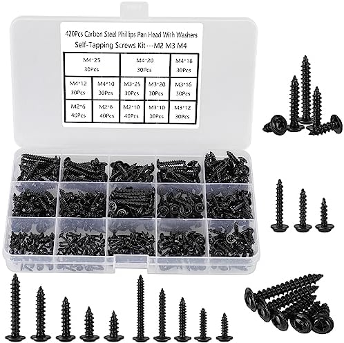 FandWay 420 Pièces Vis Autotaraudeuses, Phillips Tête Ronde Vis à Bois Noir,M2 M3 M4 Vis Autoforeuse Acier Carbone,Tête de Plaquette Vis taraudeuses pour Métal en Bois Souple Avec un Boîte Plastique.