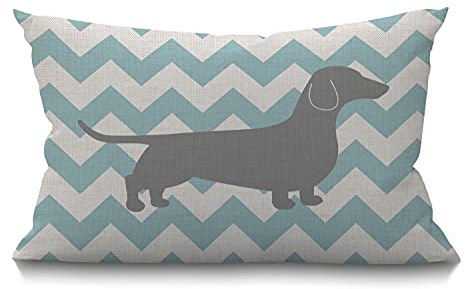 Dackel-Hundekissen, Dackel-Motiv, blaugrün, Wellen, gestreift, Baumwoll-Leinen-Kissenbezug, rechteckig, Kissenbezüge für Männer, Frauen, Jungen, Mädchen, Kinder, Sofa, Wohnzimmer, 30.5 x 50.8 cm