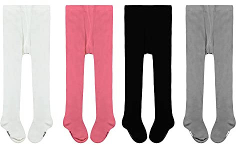 GENTABY Lot de 4 paires de collants en coton pour filles - Noir, blanc, rose, gris - 0 à 24 mois, Noir + blanc + rose + gris, 9-18 mois