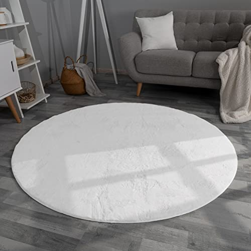 TT Home Wohnzimmer Teppich Hochflor Langflor Kunstfell Weich Modern Unifarben Flauschig, Farbe:Weiß, Größe:100 cm Rund