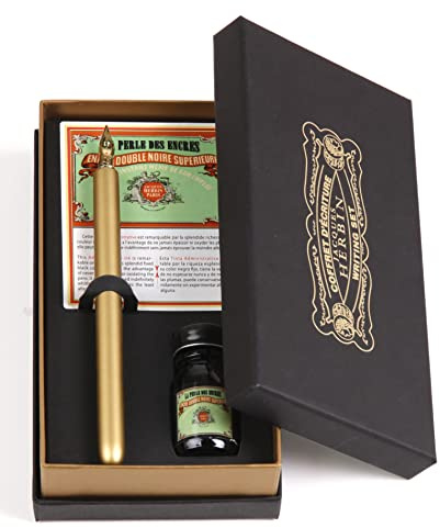 Jacques Herbin 27209T - Estuche perla negra con 1 porta plumín dorado, 1 plumín de escritura (65B) y 1 botella de tinta perla negra 10ml
