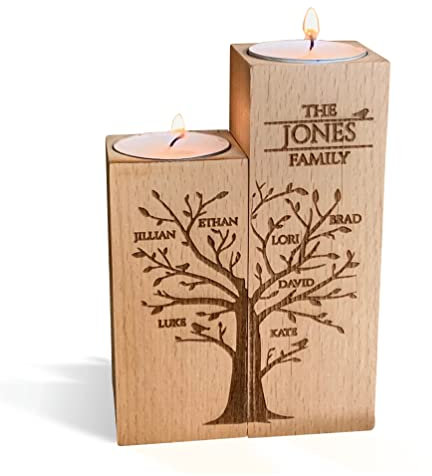 Personalised Family Name Wooden Tealight Candle Holder Tree of Life Custom Names Engraved Wood Rustic Keepsake Home Decorations Birthday Gift for Mom, Grandma Parents Mothers Day Decorative Tea Light