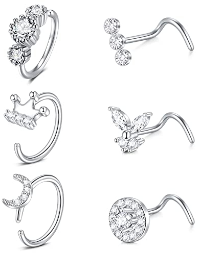 AceFun 20G Nose Rings Piercing Curved L-Shaped Screw Nose Studs 0.8MM Nose Bar Nostril Diamond Cubic Zirconia Piercing Cake Cup Butterfly Silver Heart Star Flower Moon Crown 7MM