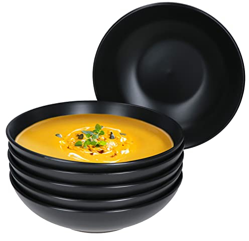 MamboCat Kattegat Lot de 6 assiettes creuses profondes, 500 ml, pour 6 personnes, noir mat, bol à soupe, assiette à salade, à pâtes, large, vaisselle en faïence