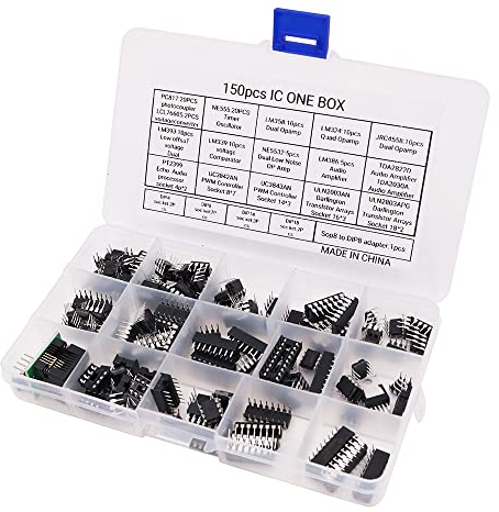 Tiardey 150Pcs XL IC Chip Assortment,opamp,oscillator,pwm,PC817,NE555,LM358,ULN2003, 7660 kits incl Sockets