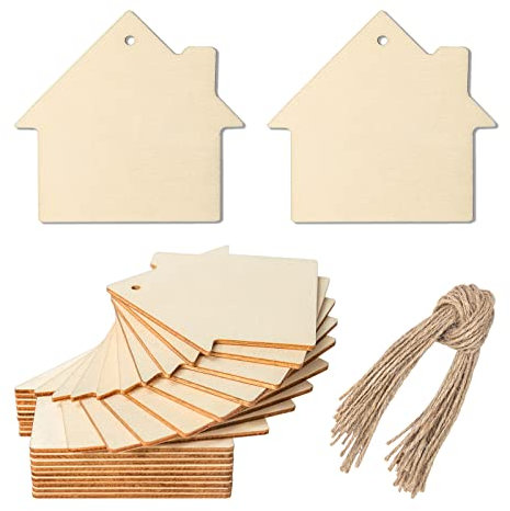 20 etichette in legno grezzo a forma di casa da appendere con spago per Natale, giorno del Ringraziamento, vacanze, matrimonio, festa di compleanno