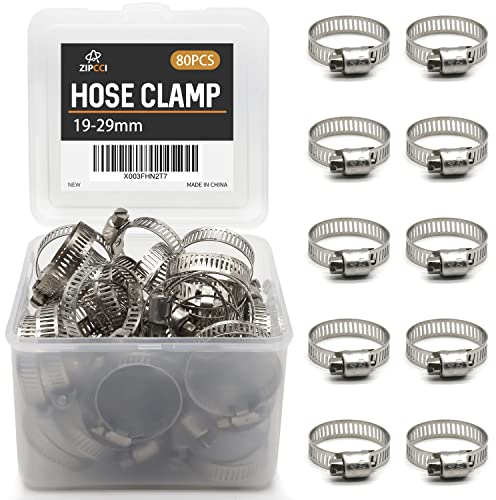 ZIPCCI Hose Clamp 1 Inch, 80 Pack Stainless Steel Hose Clamps Worm Gear fuel line pipe clamps, 19-29mm (1 Inch)