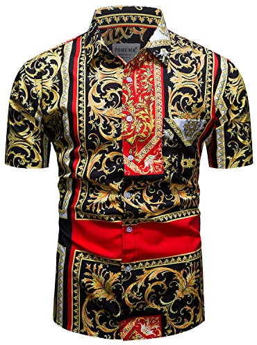 fohemr Mens Baroque Shirt Luxury Print Casual Short Sleeve Button Down Dress Shirts Black Large