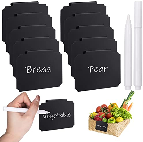 Basket Labels - Vaktop Removable Clip Label Holder, 10 Pcs Chalkboard Labels Clips with 2 Pcs Marker Pen - for Storage Bins Shelf Organization Box Pantry Label Clip on (Black)