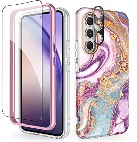SHEDEER for Samsung A54 5G Case with Screen Protector + Bumper & Camera Protector, TPU Shockproof 360° Protection, Galaxy A54 5G Case Glossy Fade-Resistant Pattern Phone Case A54 5G,Purple