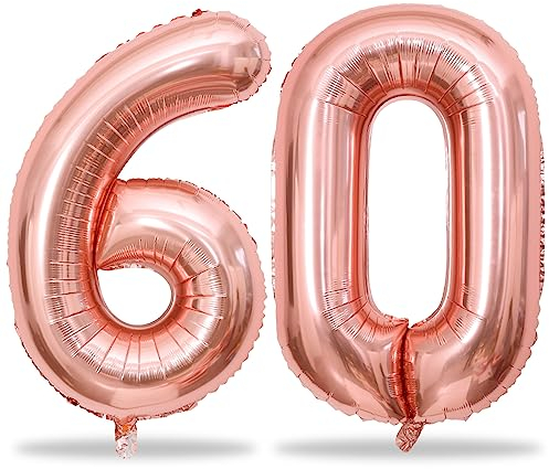 Palloncini per 60° compleanno, oro rosa per donne, 101,6 cm, giganti in lamina di mylar numero 60, palloncini autogonfianti, cifre in oro rosa 6 e 0, palloncini a elio per 60° anniversario decorazioni
