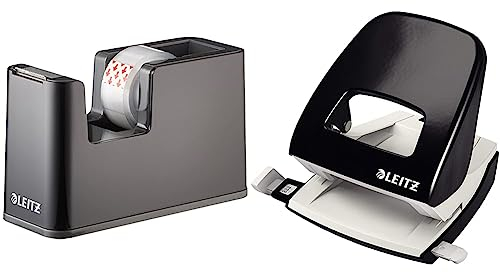 Leitz Klebeband-Tischabroller, Fester Stand & Büro Locher aus Metall, Für 30 Blatt, Anschlagschiene mit Formatangaben, Die Nummer 1 am Markt, Ergonomisches Design, schwarz, 50080095