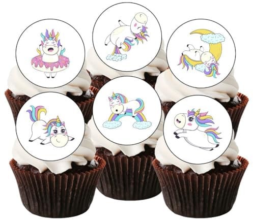 Pastel Unicorns Edible Cupcake Toppers – Cute & Colourful Rainbow Unicorn Party Decorations – PRECUT 4cm/1.5 Inch (Pack of 24)