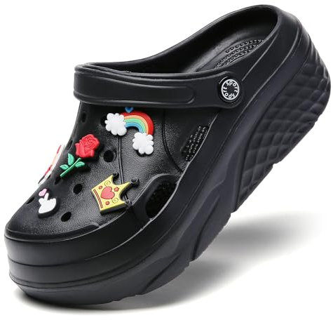 Platform Clogs pour Dames Sabots de Loisirs et vêtements de Sport Tongs de Sanitaire avec Charms Chaussons de Wedge Noir,41