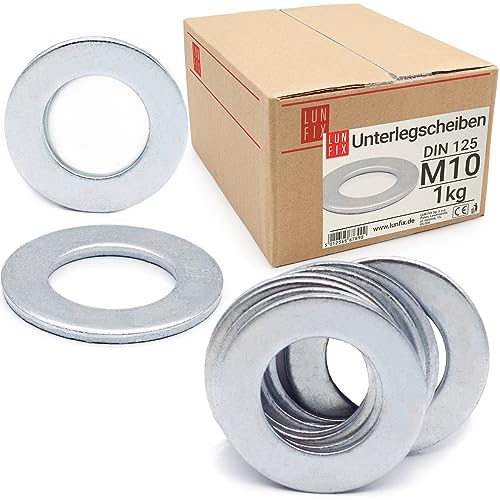 Rondelles metal M10 DIN125, 1 Kg (290 Pièces), acier zingué, rondelle plates standard pour vis M10 et boulons et écrous, rondelles de sécurité plate robuste durable