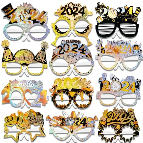 DPKOW Silvester Deko 2025 Neujahr Silvesterdeko Schwarz Gold Silber Silvester Brille Silvester Foto Requisiten für Silvester Deko 2025 Party Silvesterpartydeko Accessoire für Silvesterparty,24 Stück