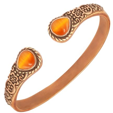 JEROOT Bracciale da donna in rame puro con 6 potenti magneti vintage fiore rame con 2 occhi di gatto