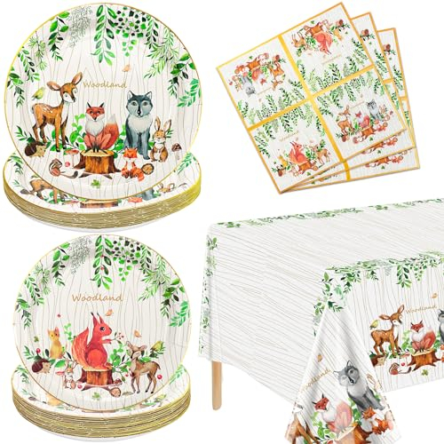 61 Decoraciones De Fiestas Forestales - Duchas Para Bebés Forestales, Incluyendo Platos, Servilletas, Decoraciones De Fiestas Forestales De Zorros Y Ciervos Con Manteles Para Amigos Animales, 20