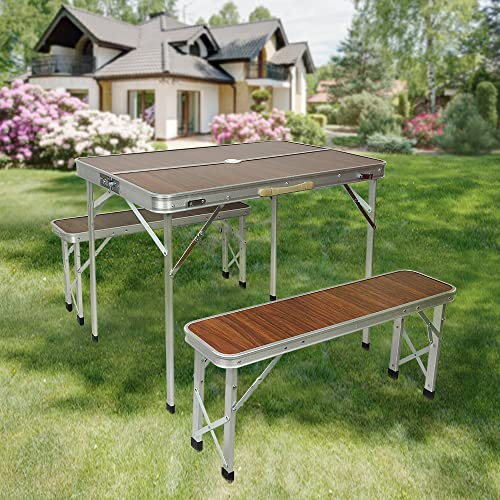 OHMG Picknicktische, Klapptisch Koffer mit 2 Bänken mit geringem Gewicht dank Aluminiumrahmen, Holzoptik mit Tragegriffen, Braun, 90 x 60 x 70 cm