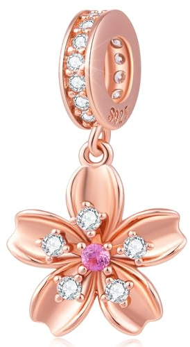 Pendentif charms fleur de cerisier en or rose pour bracelet pandora moments, perles cz de charm flower sakura Japonais en argent sterling 925, cadeaux pour birthday/anniversaire/fête des mères
